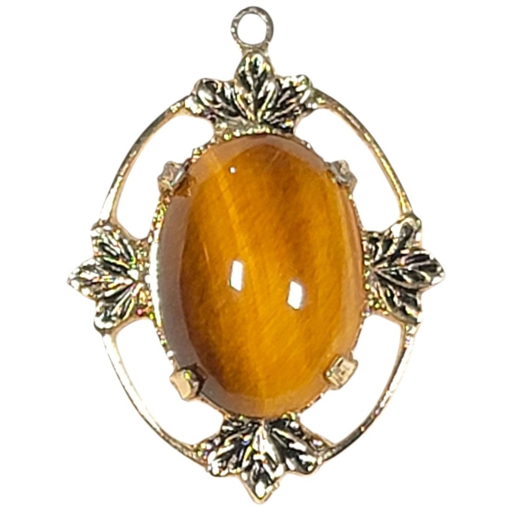 VTG 70s Tigers Eye Oval Cabochon Pendant Brown Gold Tone Leaf Open Work Boho